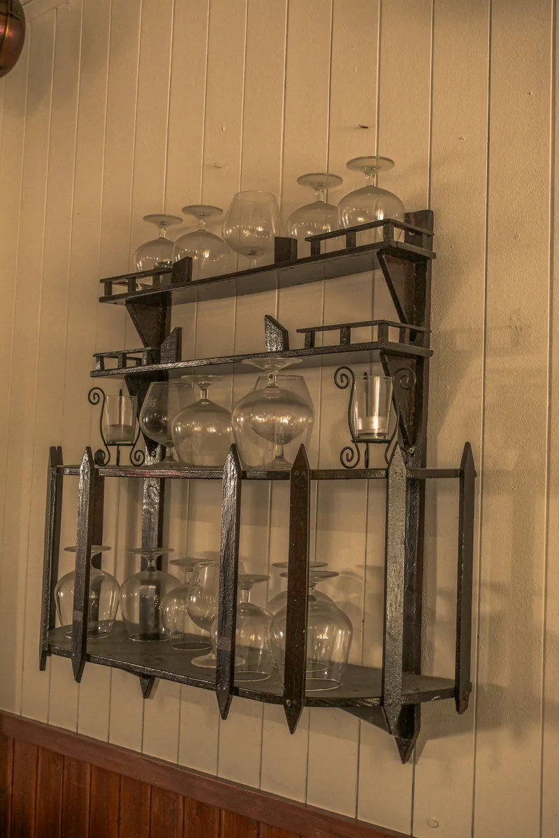 Wrought Iron Glass Cabinet with Shelves & Wine Glasses
