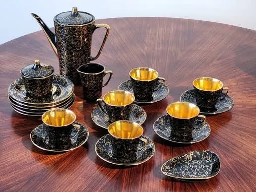 Black Enamel & Gilt Porcelain Tea Service Set