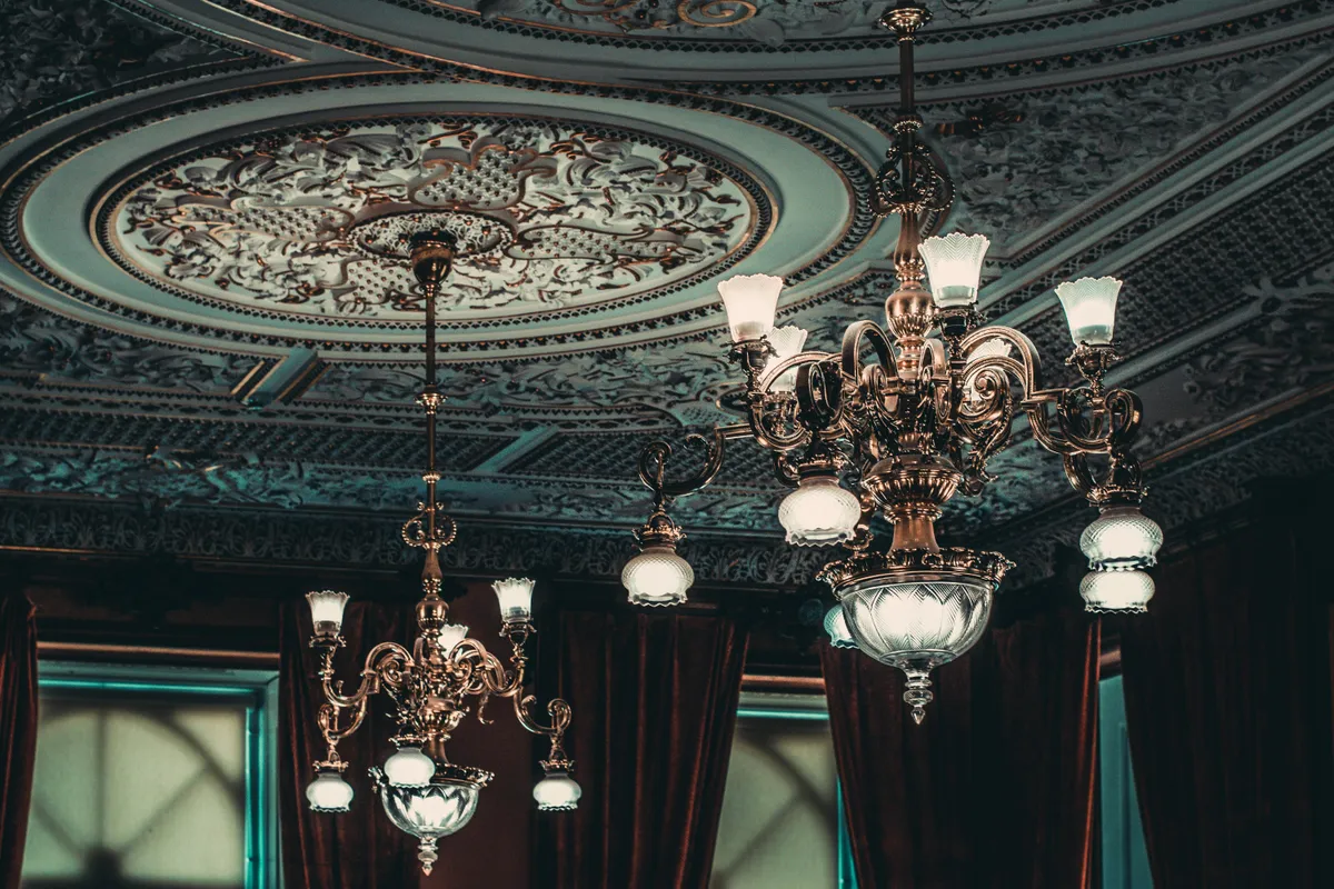 Pair of Victorian Brass Chandeliers with Glass Shades
