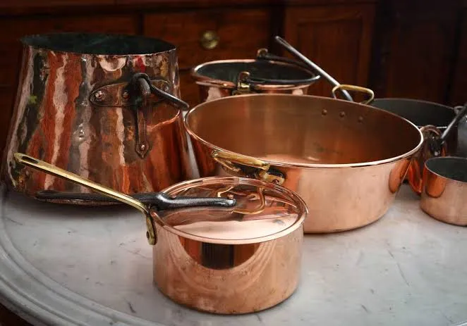 Vintage Copper Cookware Set with Brass Handles