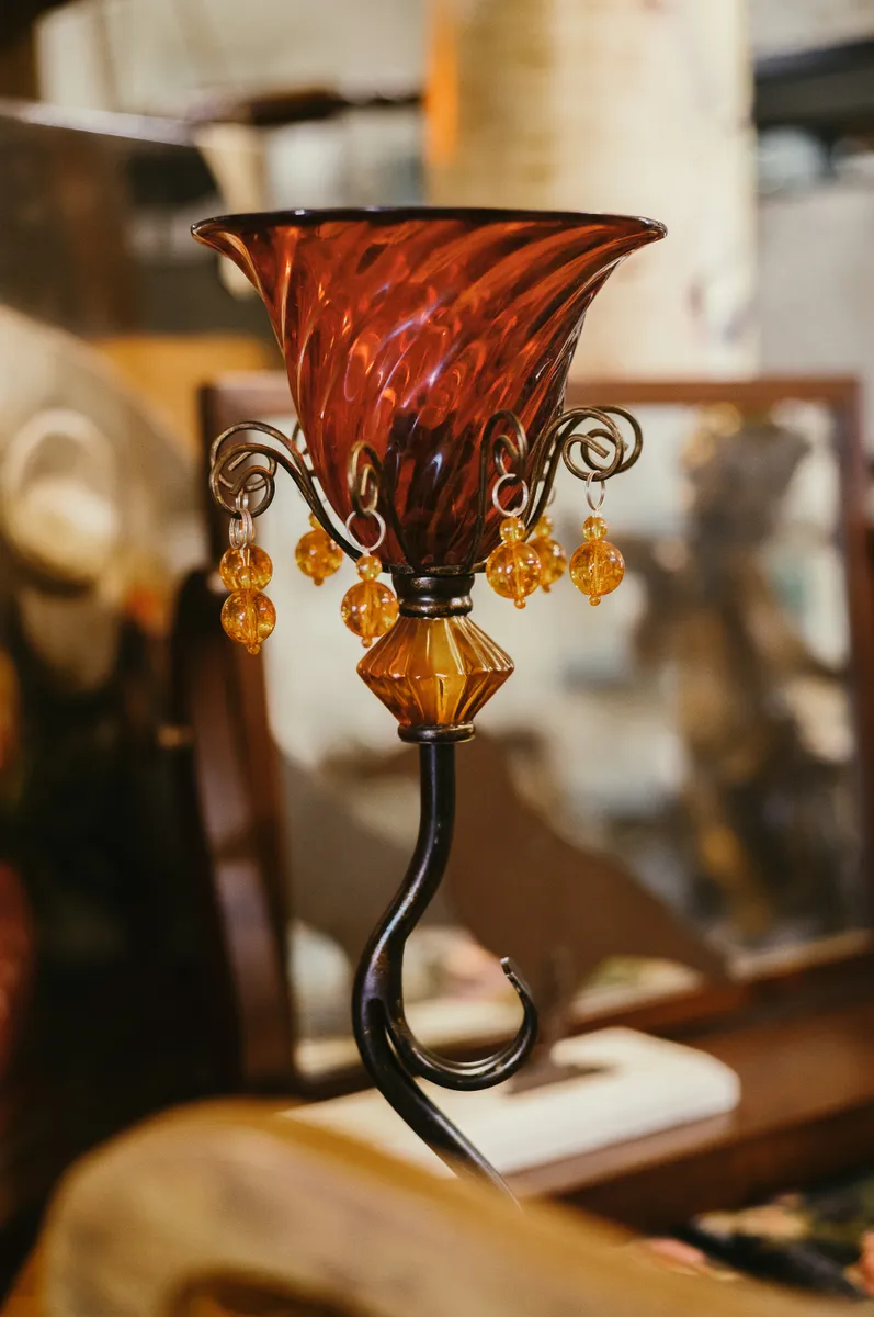 Victorian Amber Glass Chandelier Pendant with Scrolled Ironwork