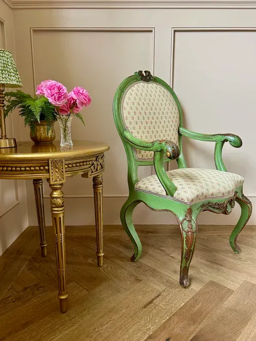 French Louis XV Style Green Painted Fauteuil Chair