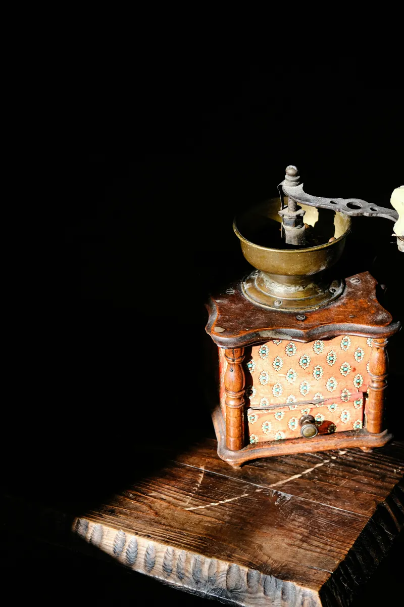 Antique Coffee Grinder, Wooden Base, Brass Bowl