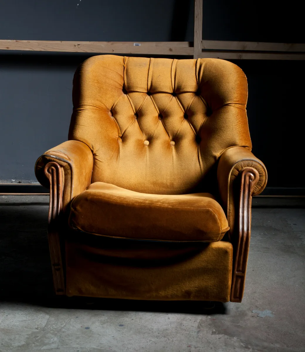 Vintage Tan Leather Wingback Armchair with Button Tufting