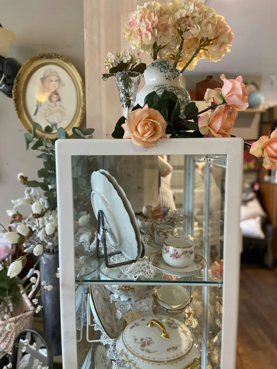 Victorian Display Cabinet with Porcelain Tea Service