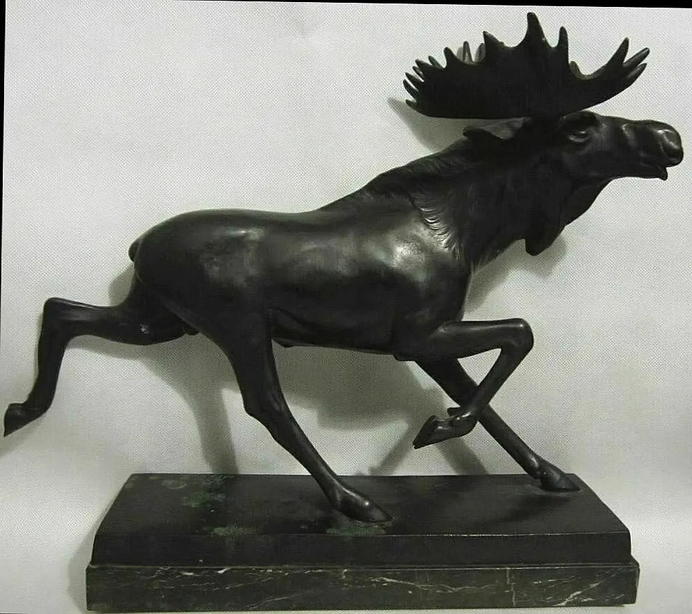 Bronze Moose Figurine on Marble Base, Mid-Century