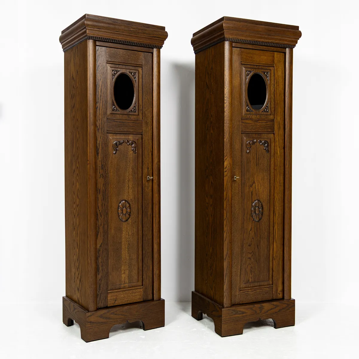 Pair of Oak Pedestal Cabinets with Oval Glazed Doors