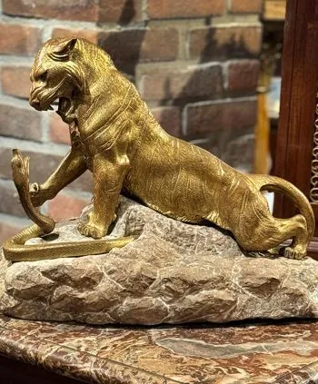 Gilt Bronze Lion Figurine on Stone Base