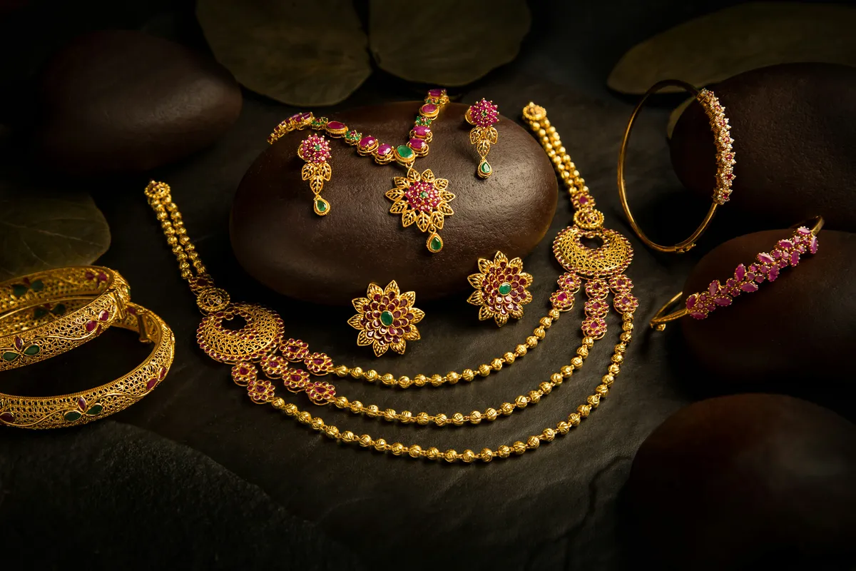 Indian Gold Jewelry Set with Rubies & Emeralds